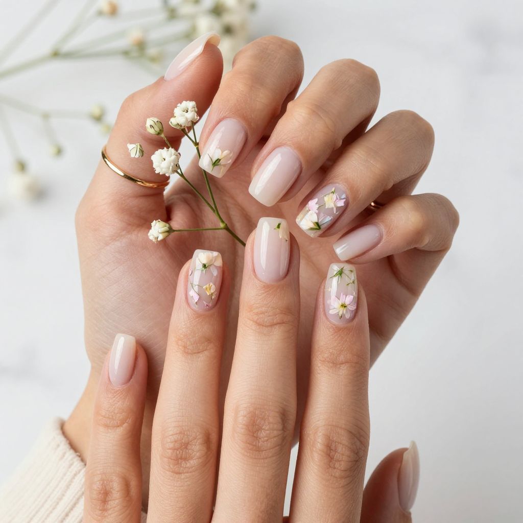 Clear square nails with pressed flowers