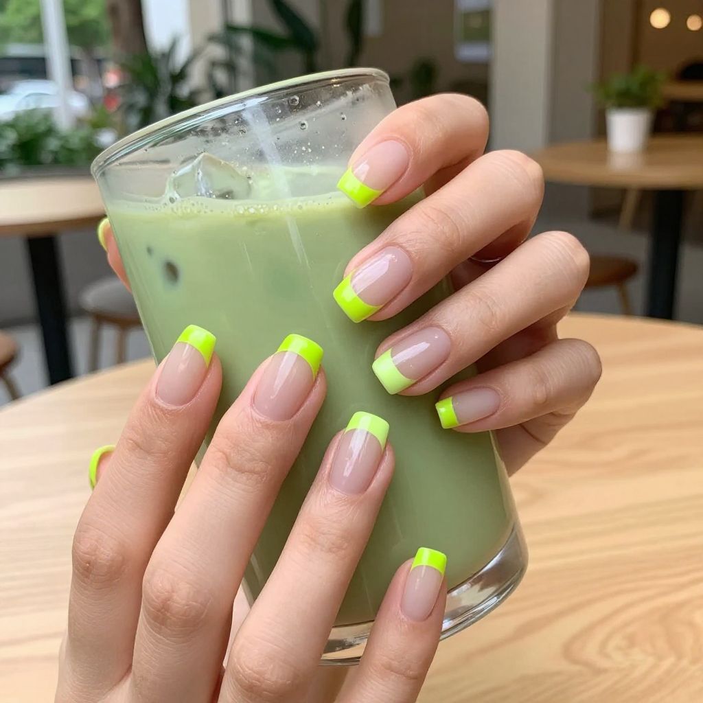 Neon lime French tip square nails