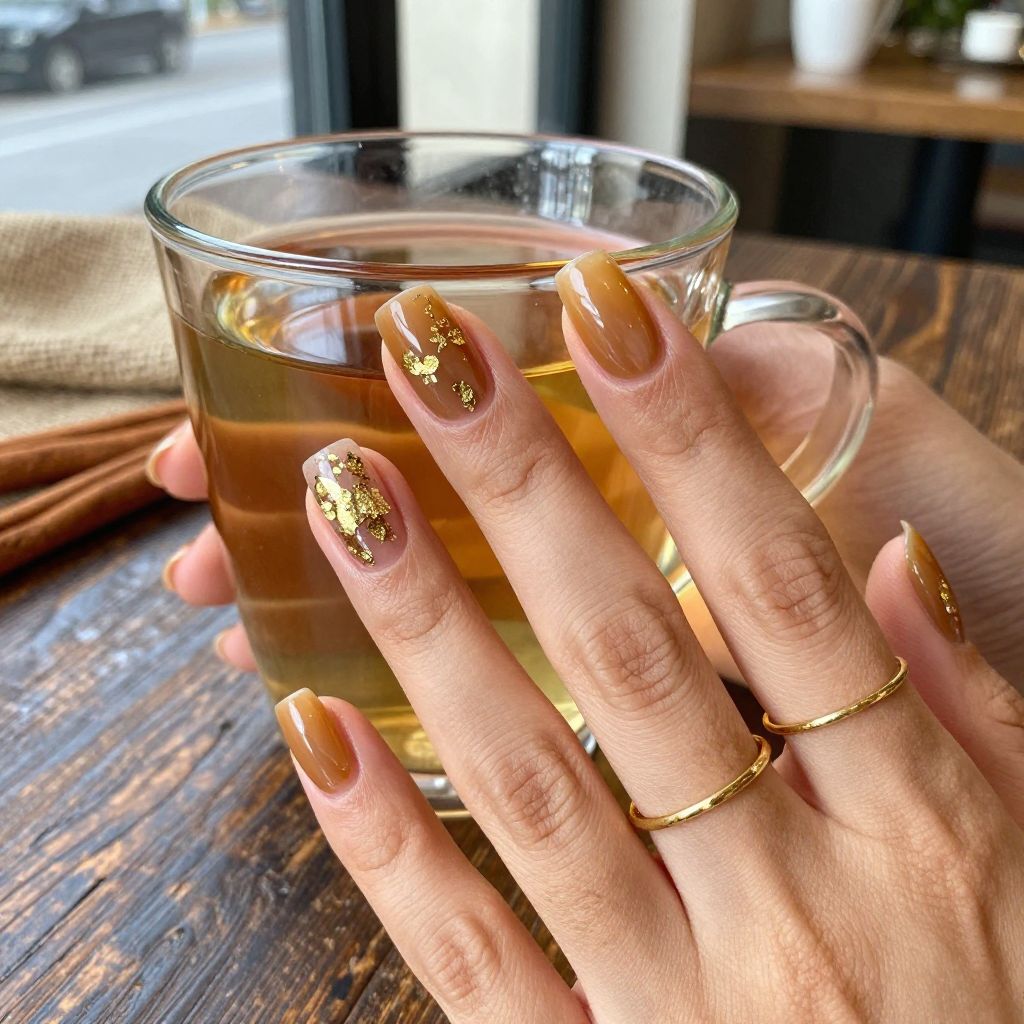 Amber jelly square nails with gold flakes