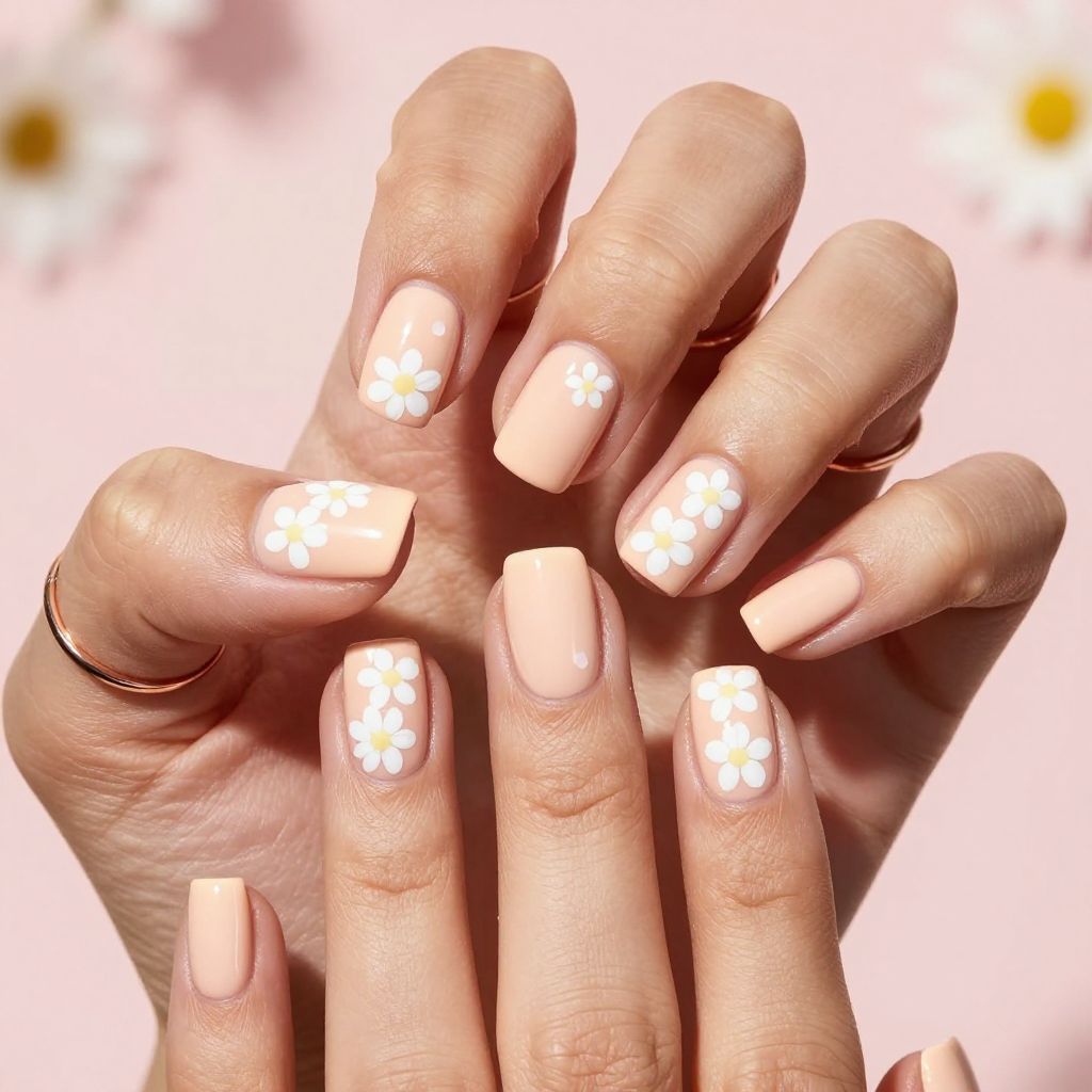 Peach micro floral square nails
