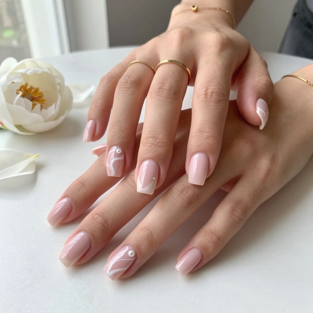 White Swirls Over Blush Pink