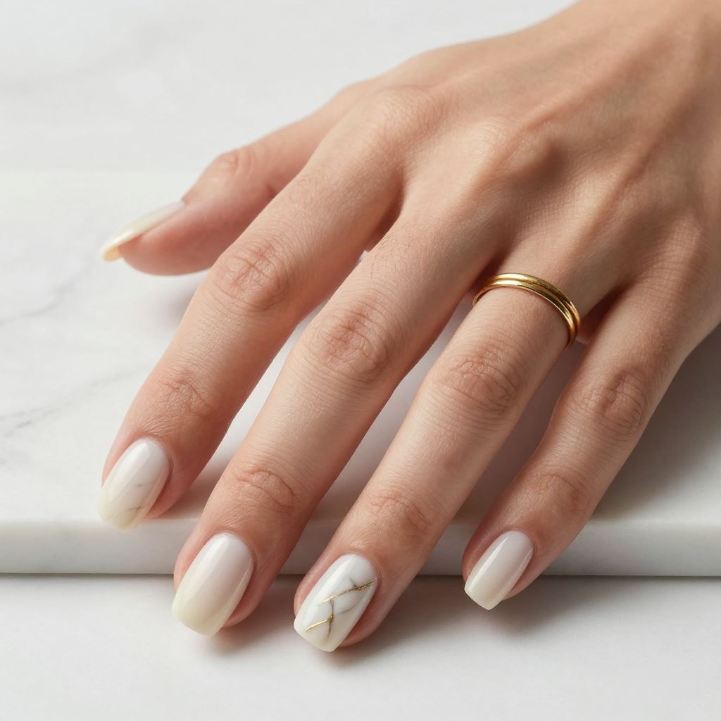 Soft White Marble Accent Nails