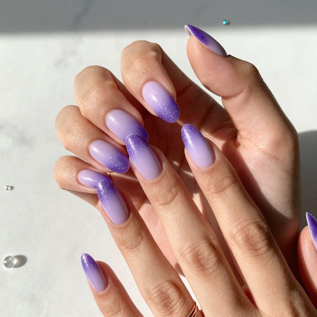 Pale Lavender with Purple Ombre and Glitter Tips