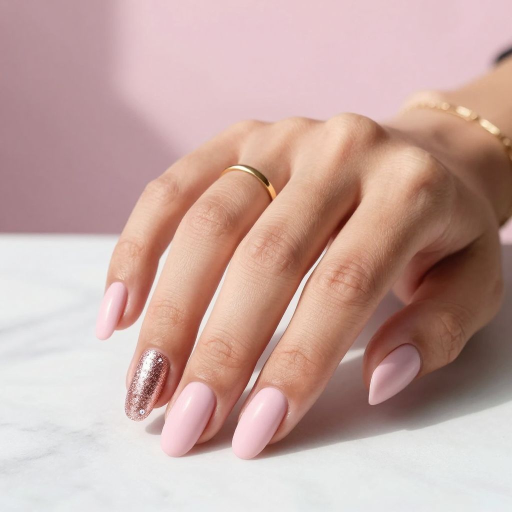 Baby Pink with Rose Gold Sparkle Accent Nail