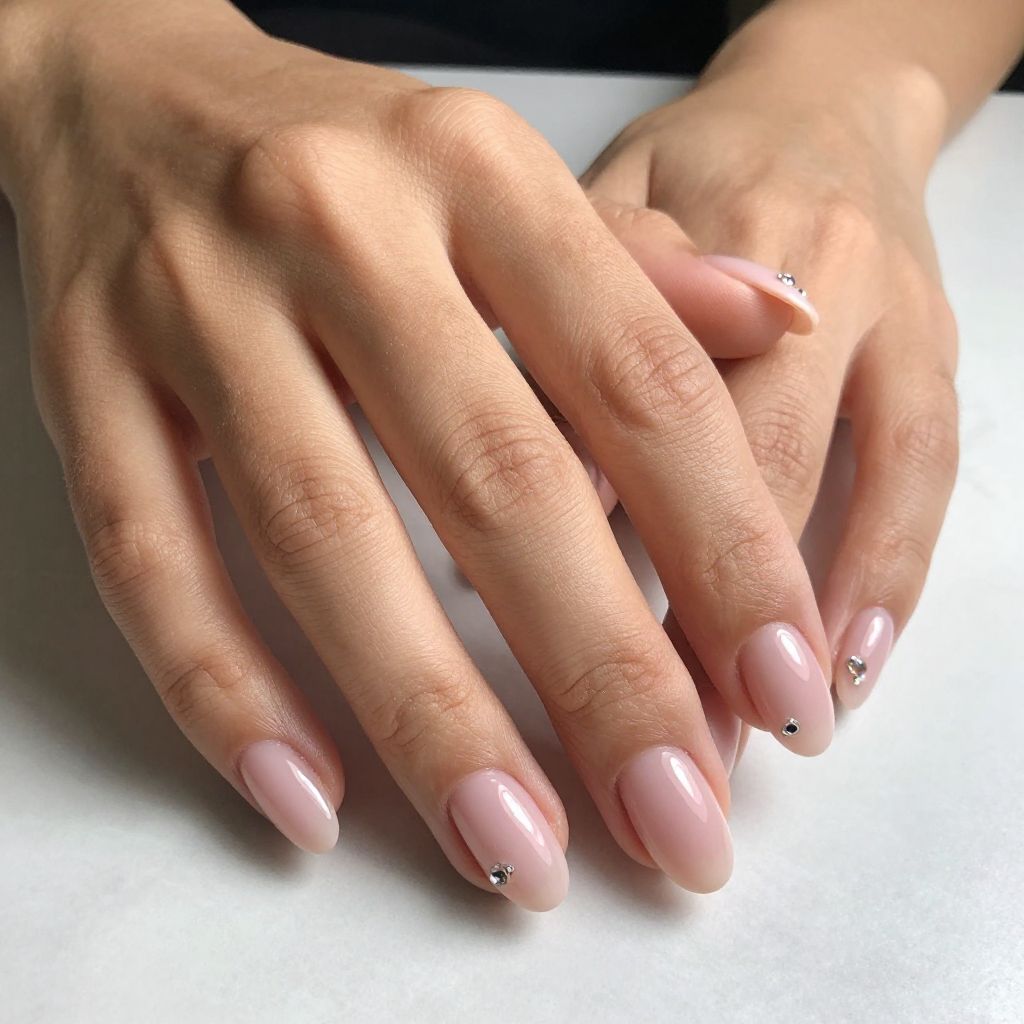 Soft Pink Almond Nails With Tiny Crystal Charms
