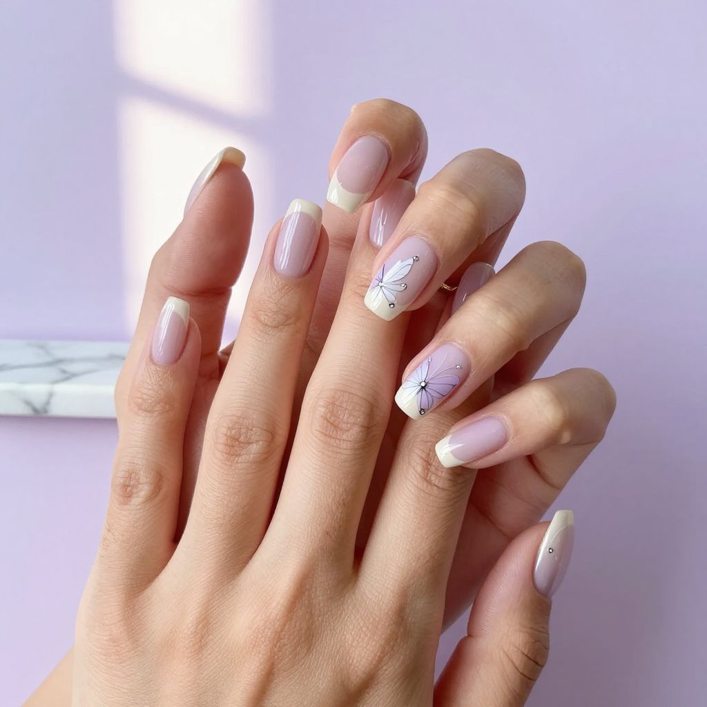 Lilac Nails With Butterfly Wing Charms