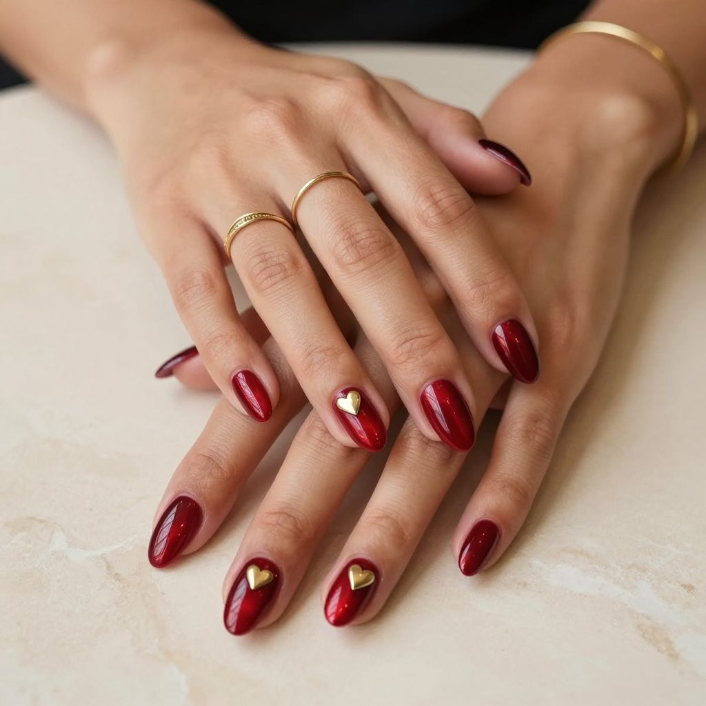 Red Cat Eye Nails With Gold Heart Charms