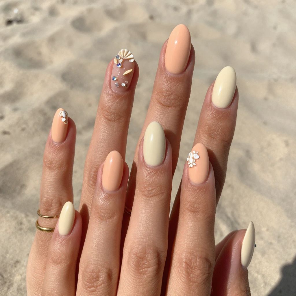 Peach Cream Nails With Shell Charms