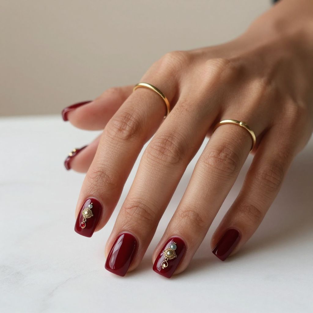Burgundy Nails With Vintage Inspired Charms