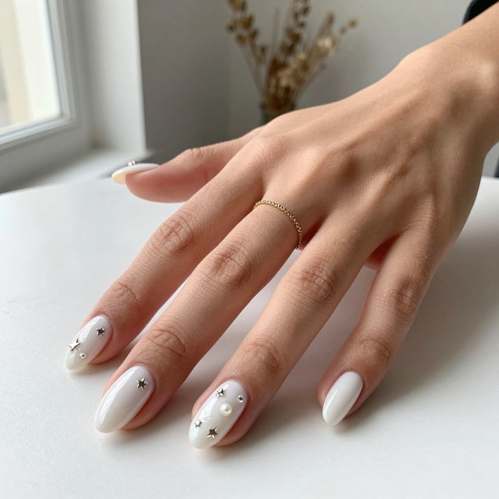 White Milky Nails With Mixed Charm Detail