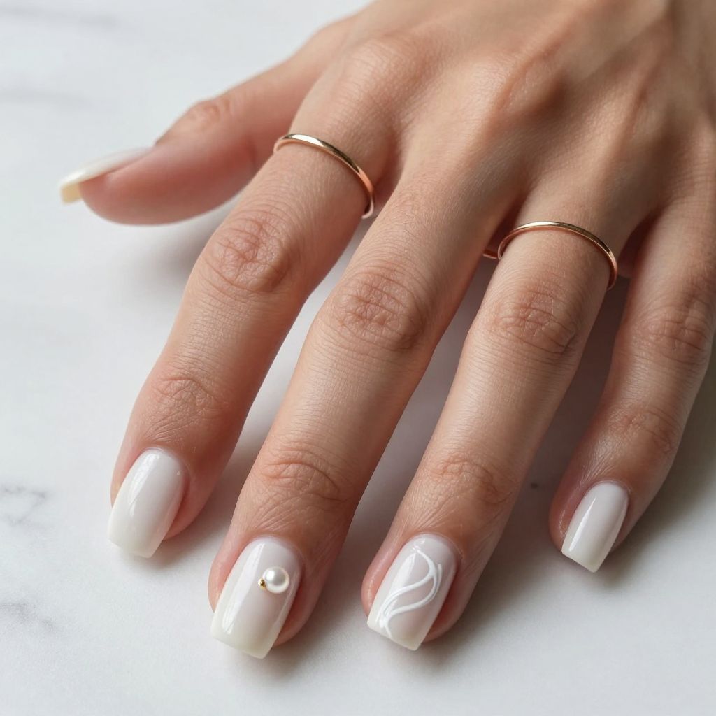 Short Square Milky Nails With Pearl Charms