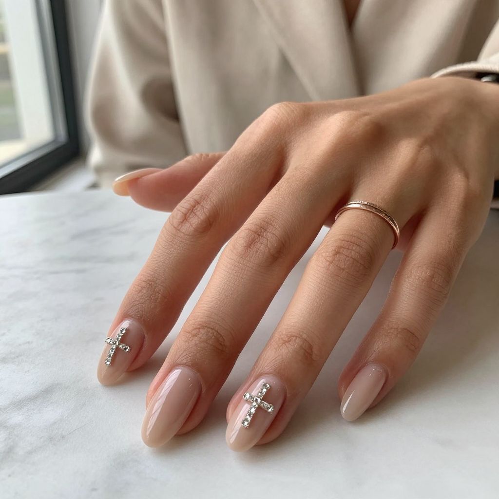 Nude Ballet Nails With Rhinestone Cross Charms