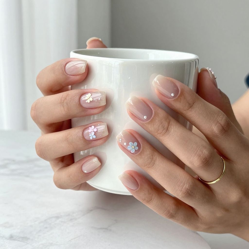 Sheer Nude Nails With Tiny Flower Charms