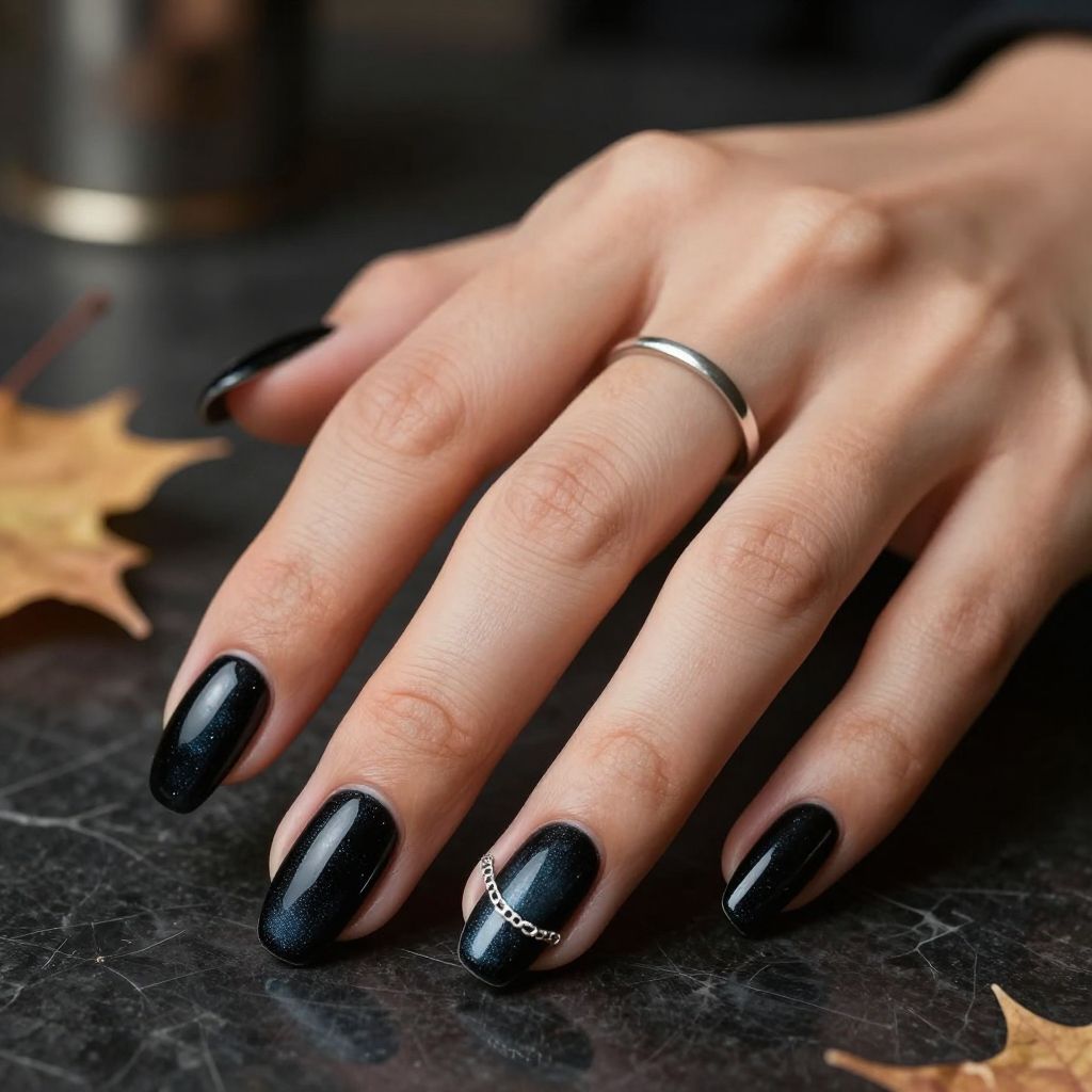 Black Velvet Nails With Silver Chain Charms