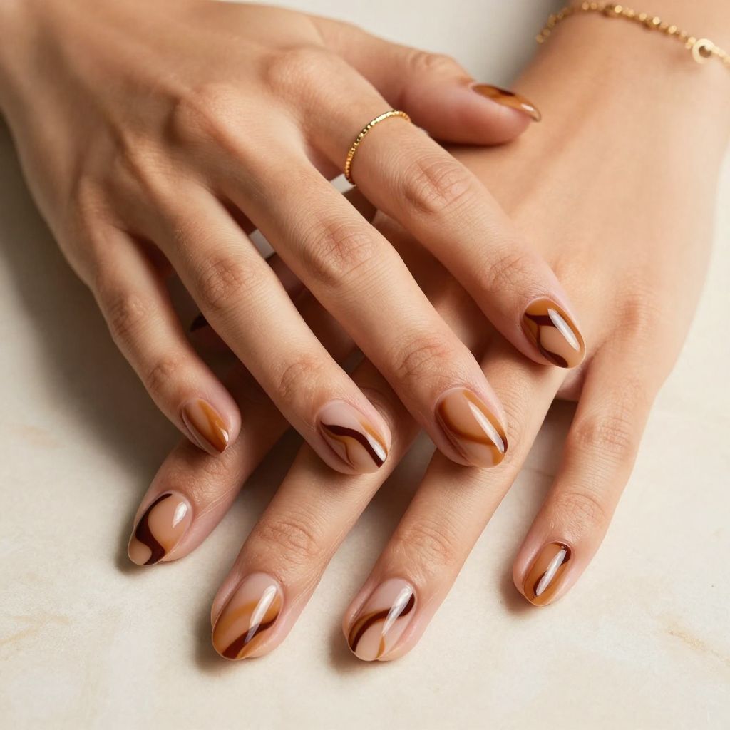 Nude Brown Chocolate Swirl Nails