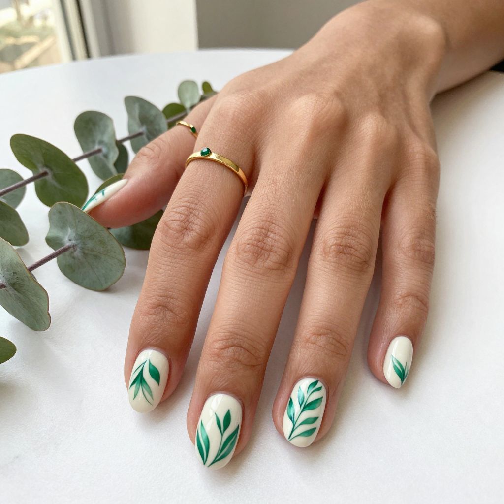 Emerald Green Leaf Botanical Nails