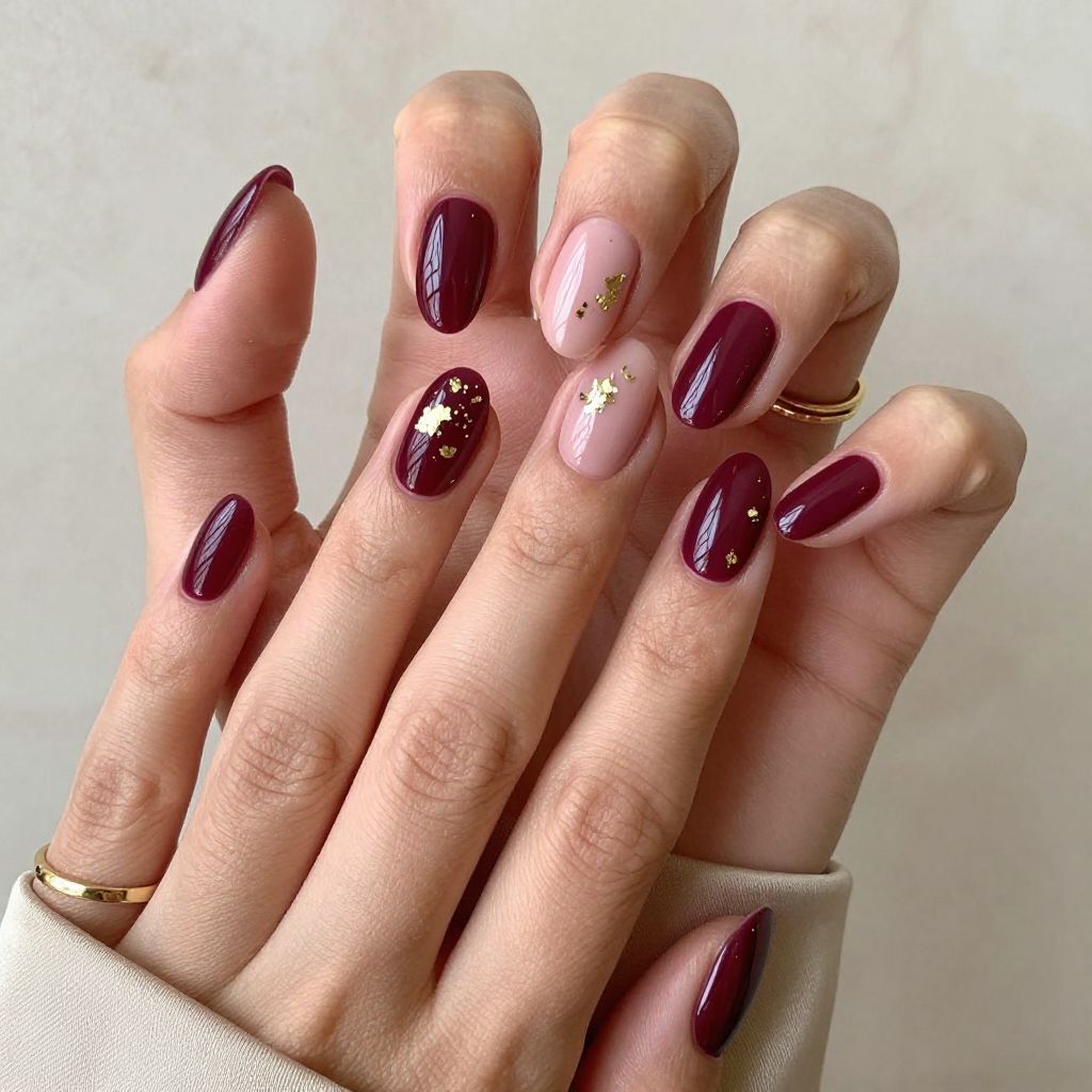Deep Berry and Gold Foil Nails
