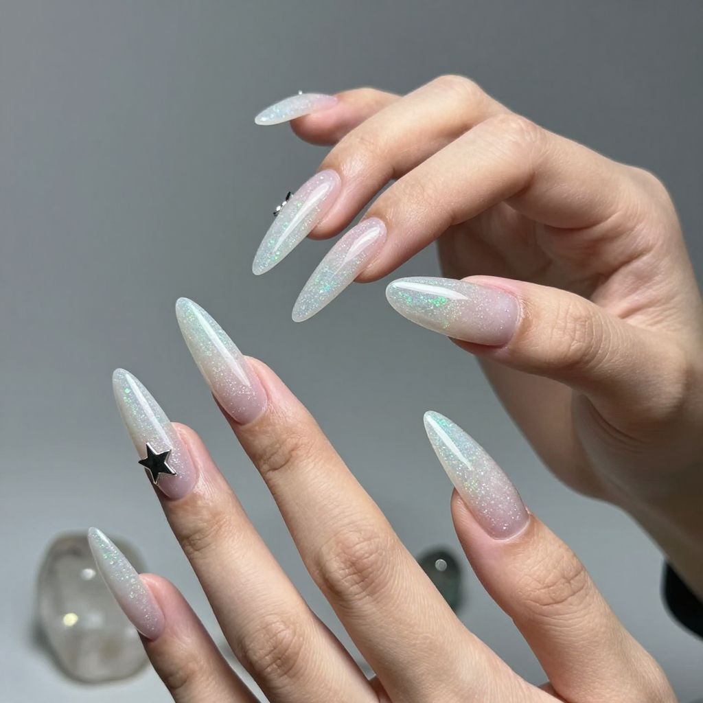 Clear quartz sparkle natural acrylic nails