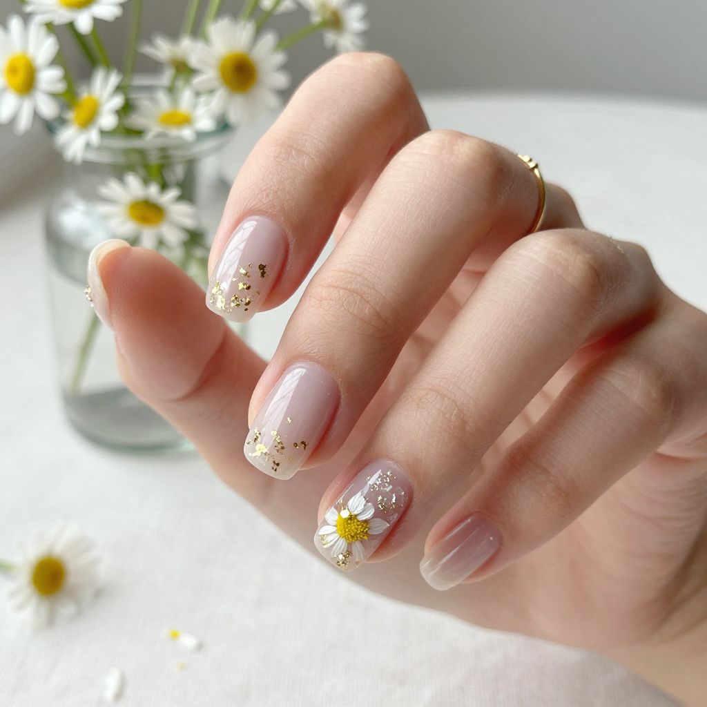 Clear base dried flower encapsulation natural acrylic nails
