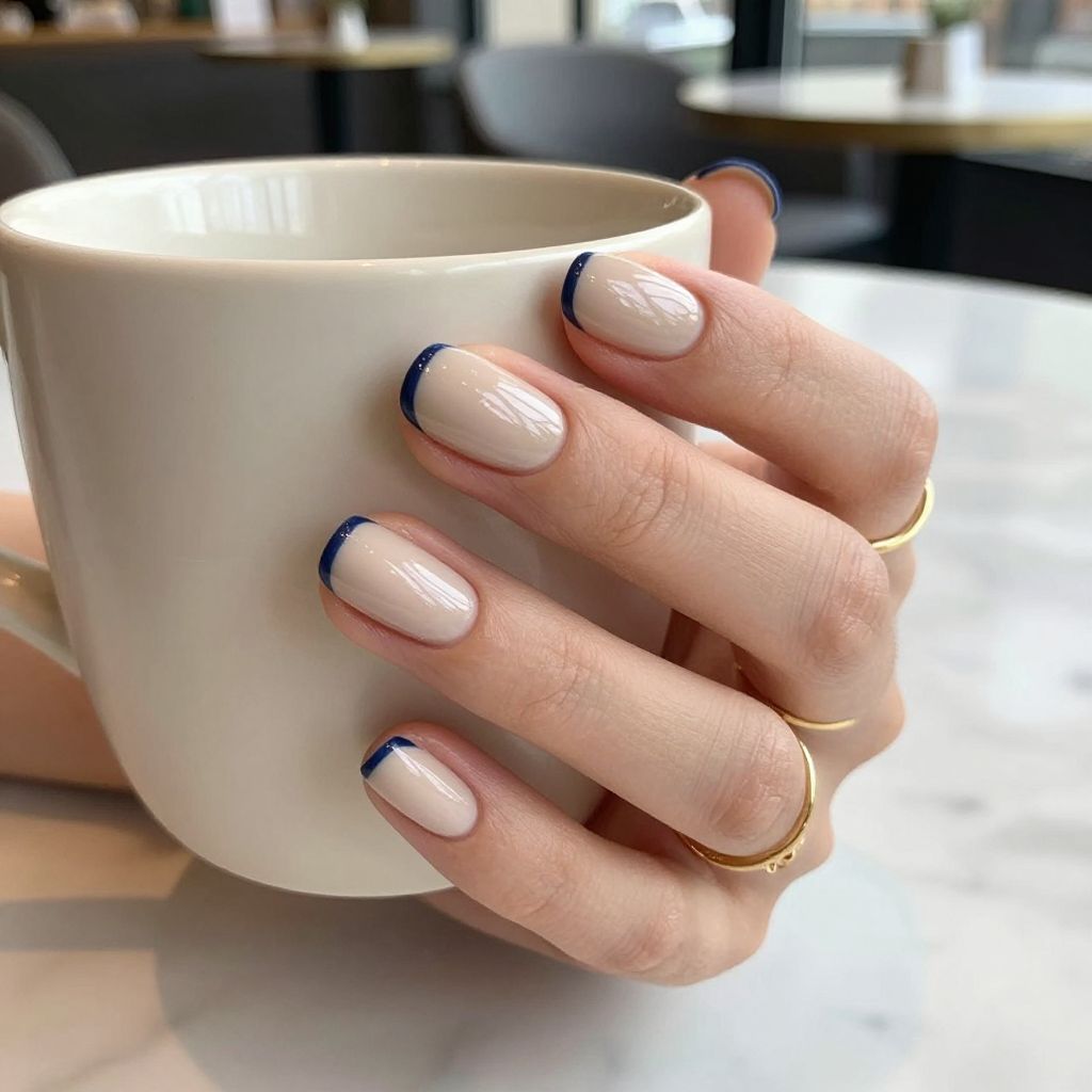 Nude nails with navy half moon detail