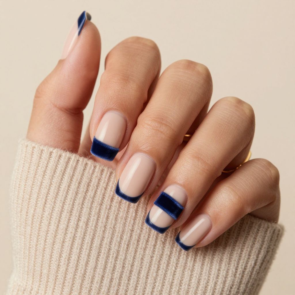 Matte nude nails with navy velvet striping tape