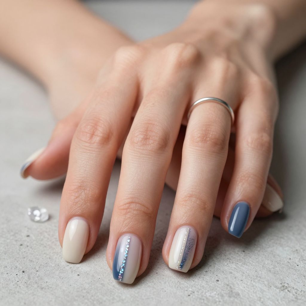 Navy nails with holographic glitter stripe