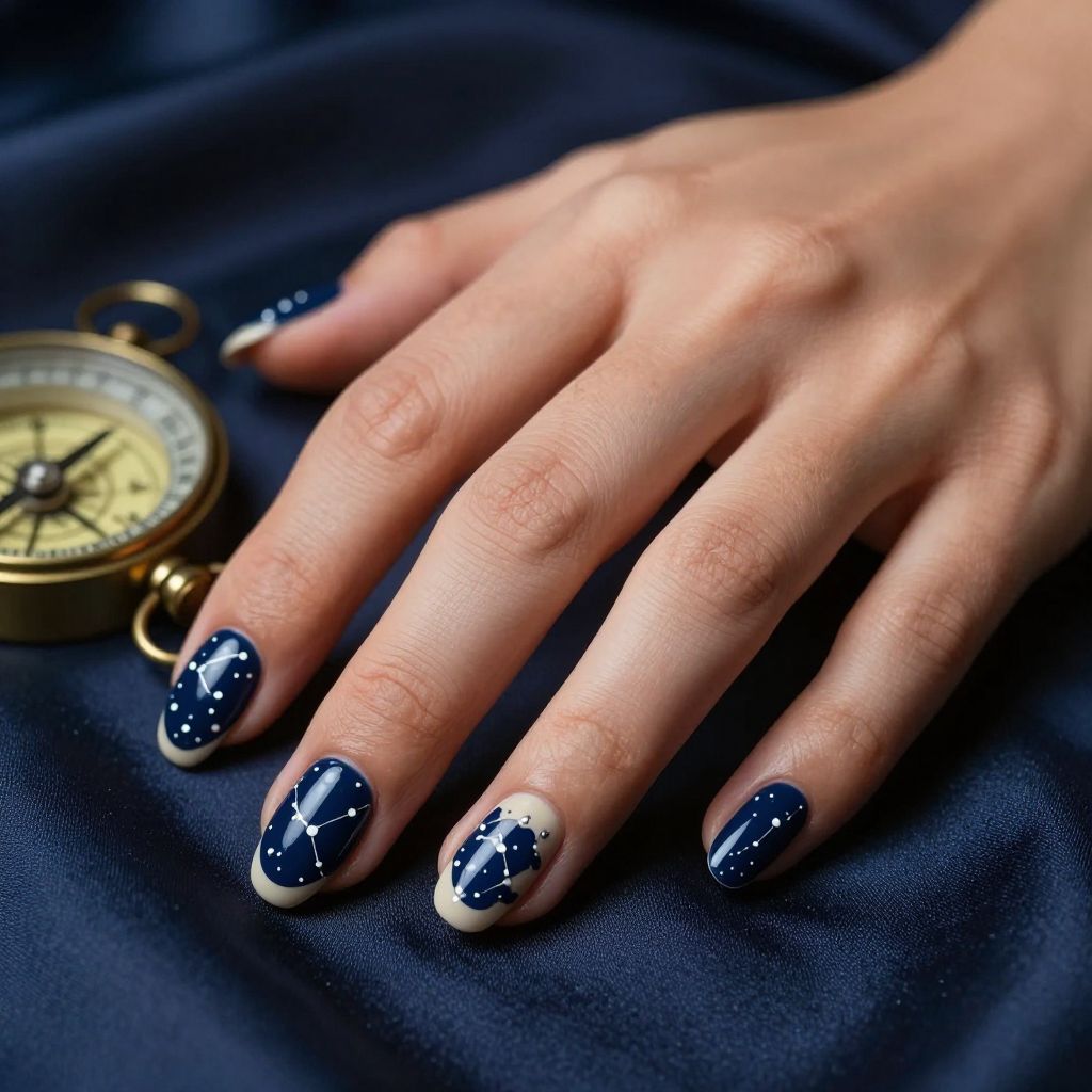Navy nails with constellation dot design