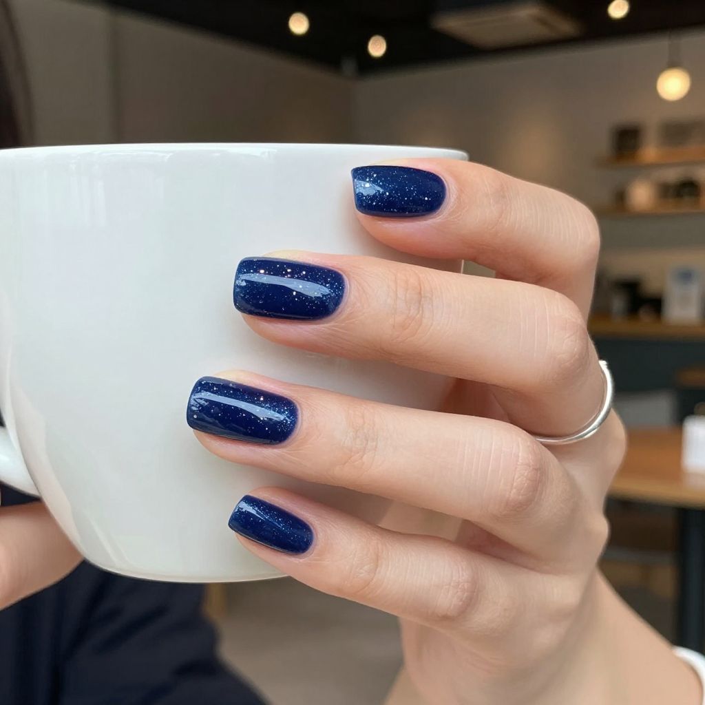 Navy nails with silver glitter speckles