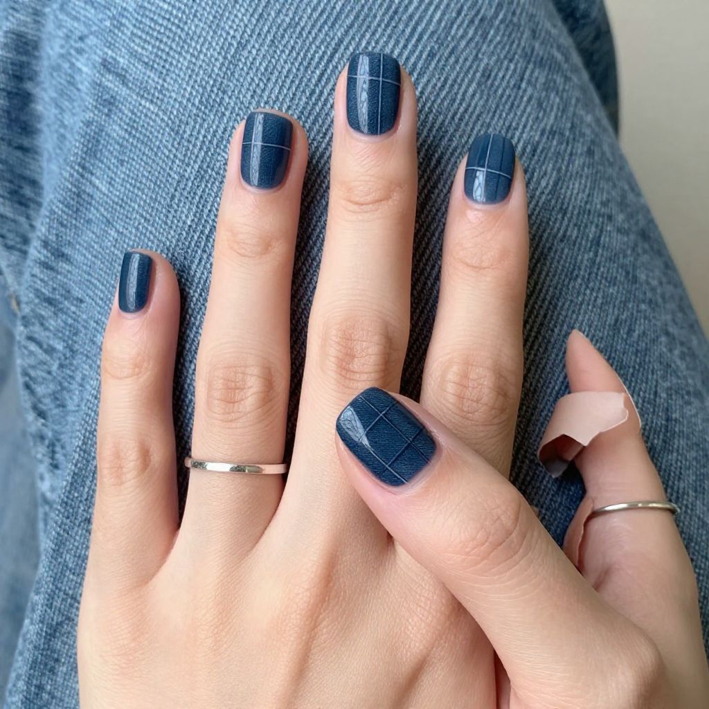 Navy matte nails with glossy grid texture
