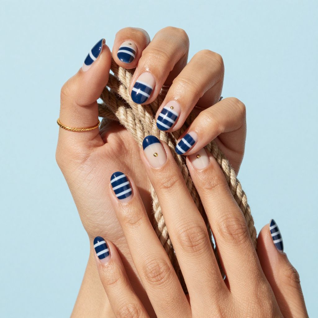 Navy nails with white stripes and gold stud