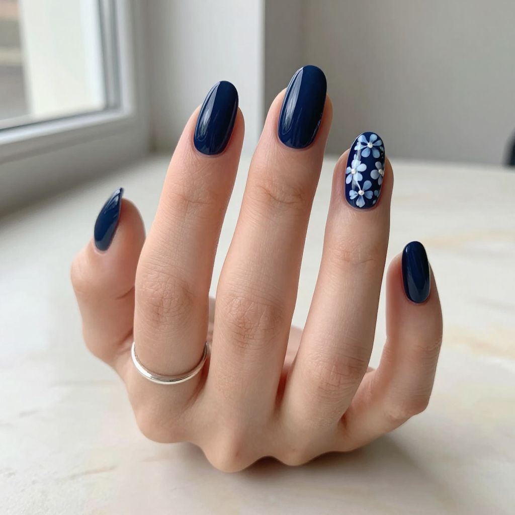 Navy Floral Accent Nails