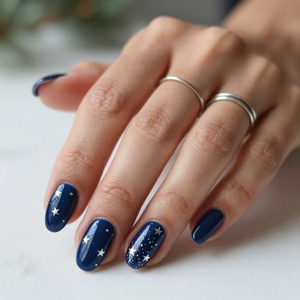 Navy and Silver Star Nails