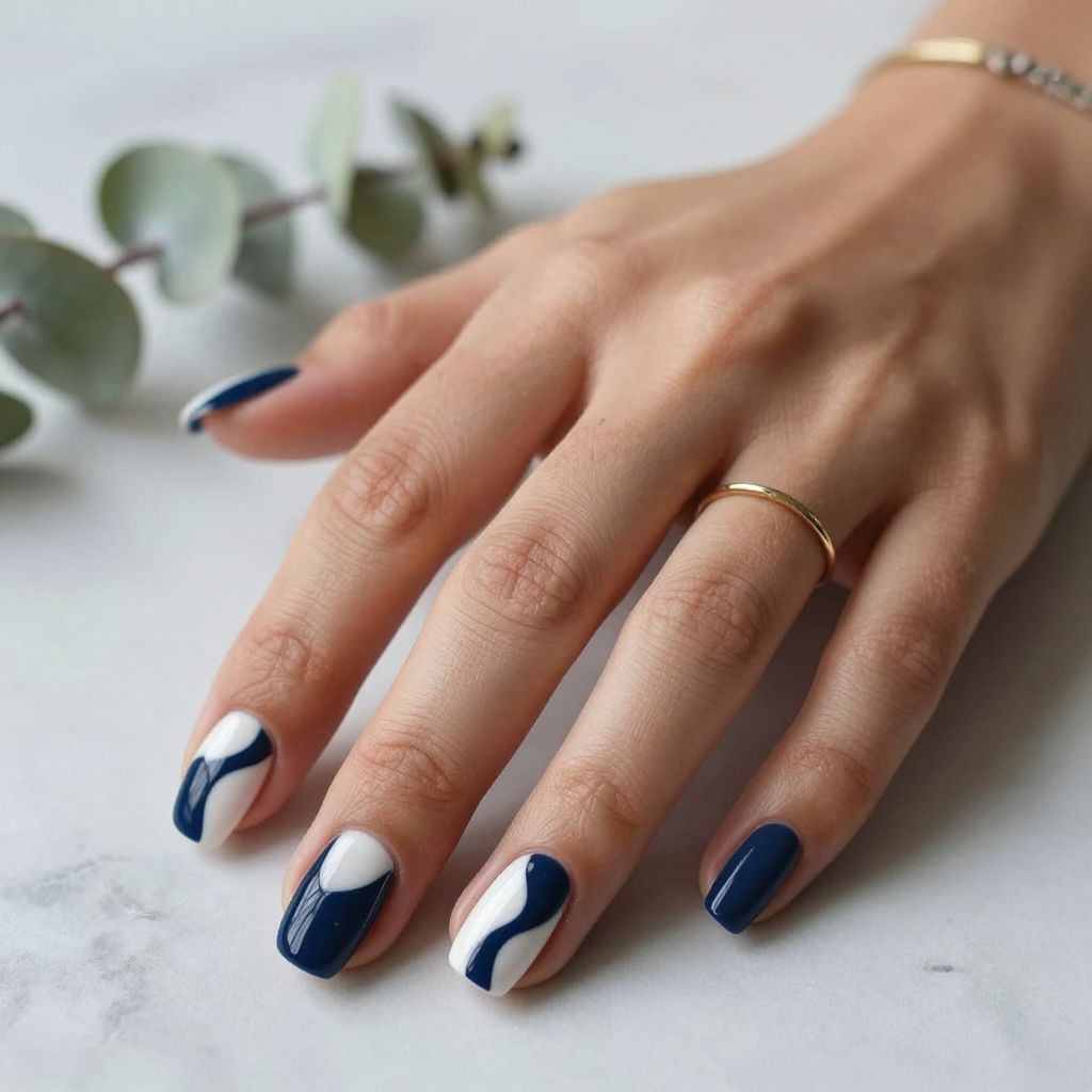 Navy and White Abstract Nails