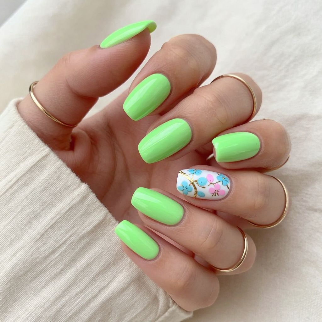 Neon Green with Micro Floral Detail on One Accent Nail