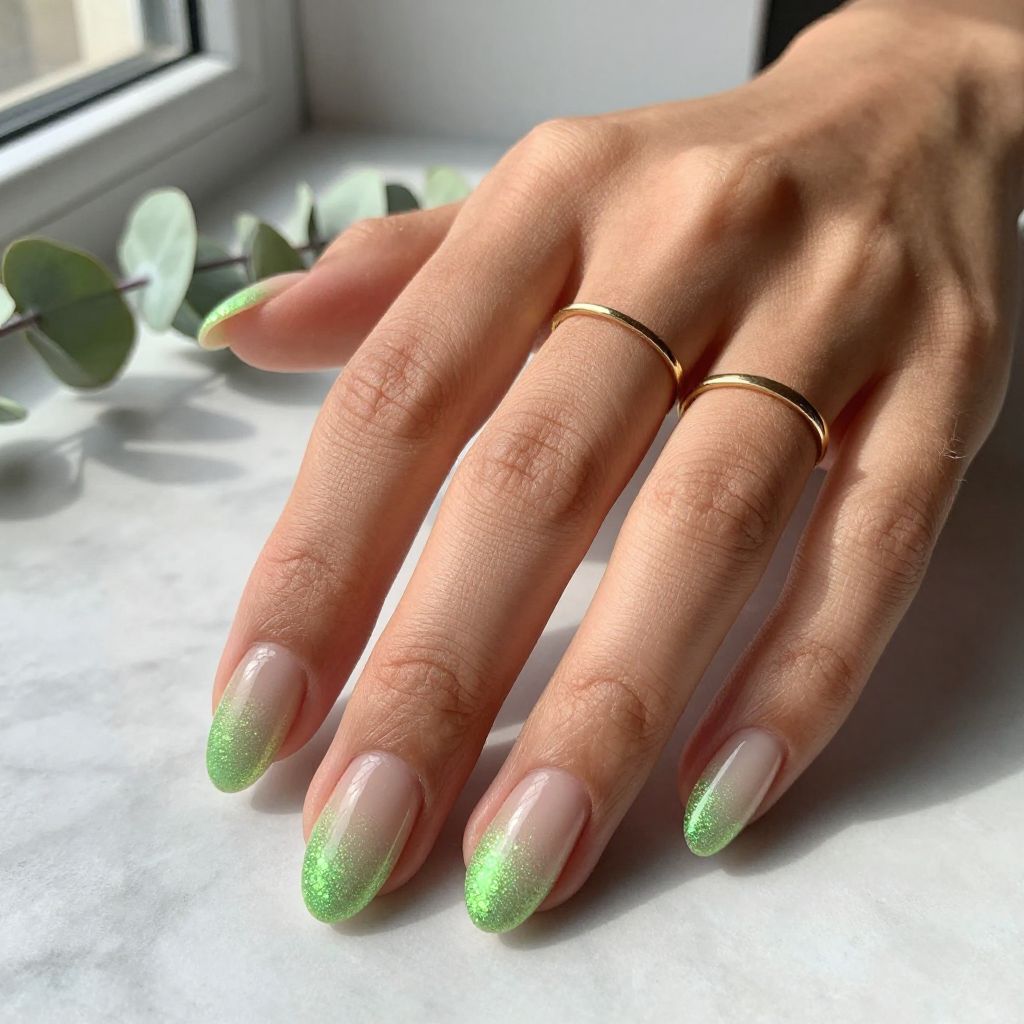 Neon Green Glitter Gradient on Nude Base