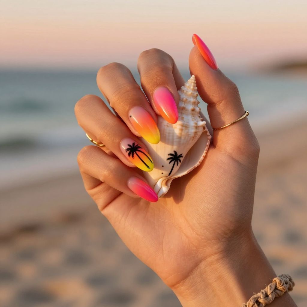 Sunset Ombre with Palm neon nails