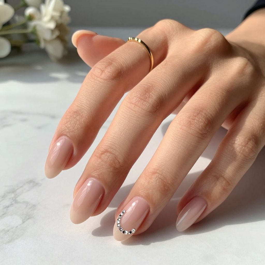 Nude Nails With Crystal Crescent