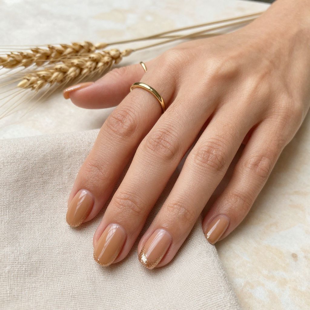 Caramel Nude Squoval Nails with Subtle Glitter Line