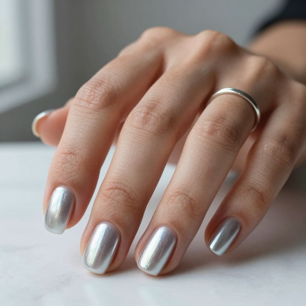 Holographic Silver Short Nails