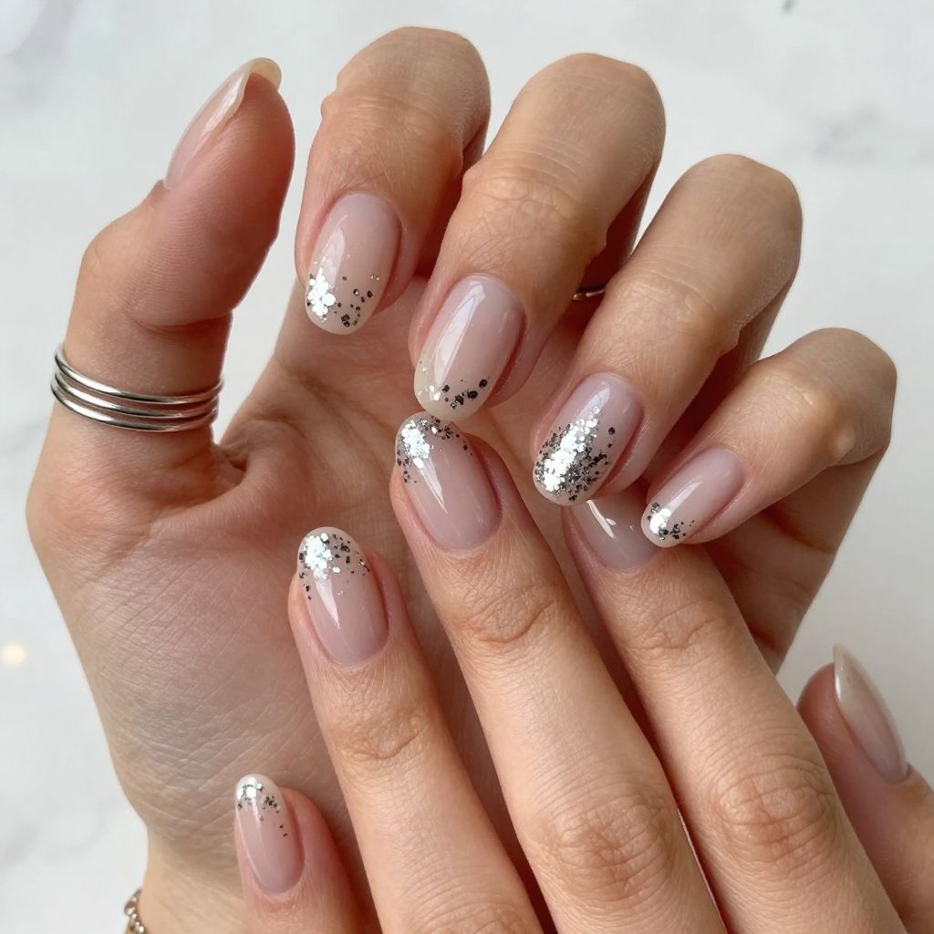 Silver Confetti Short Oval Nails