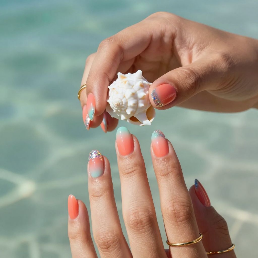 Coral to seafoam ombre nails with glitter tips