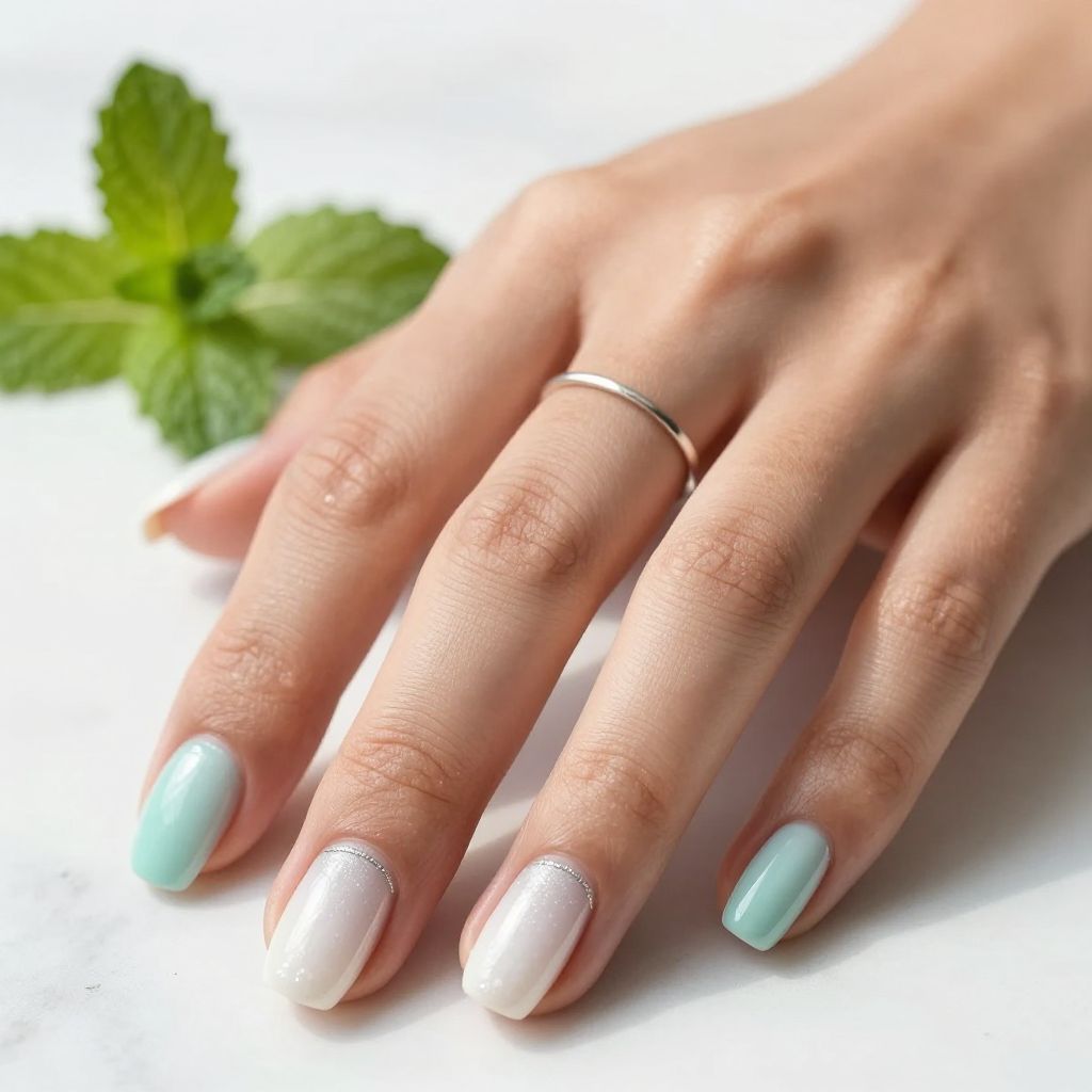 Mint to white ombre nails with pearl sheen
