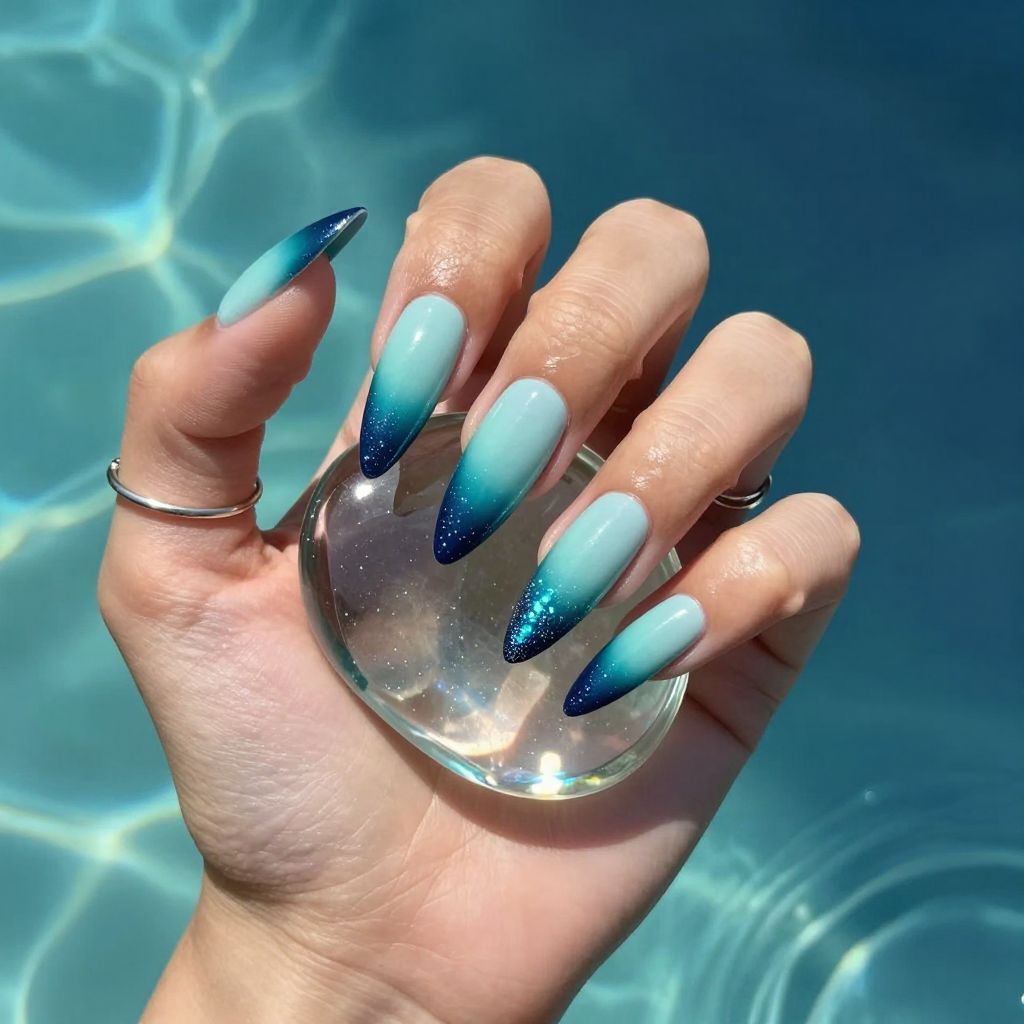Aqua teal to navy ombre stiletto nails with glitter