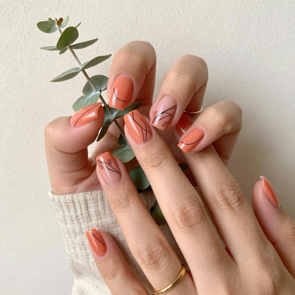 Coral Orange with Minimalist Line Art