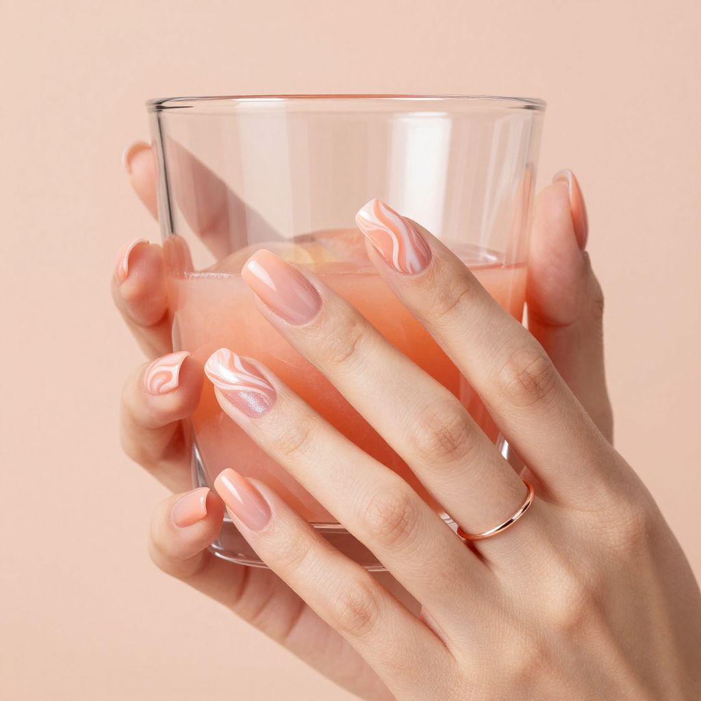 Peach and white swirl nail design