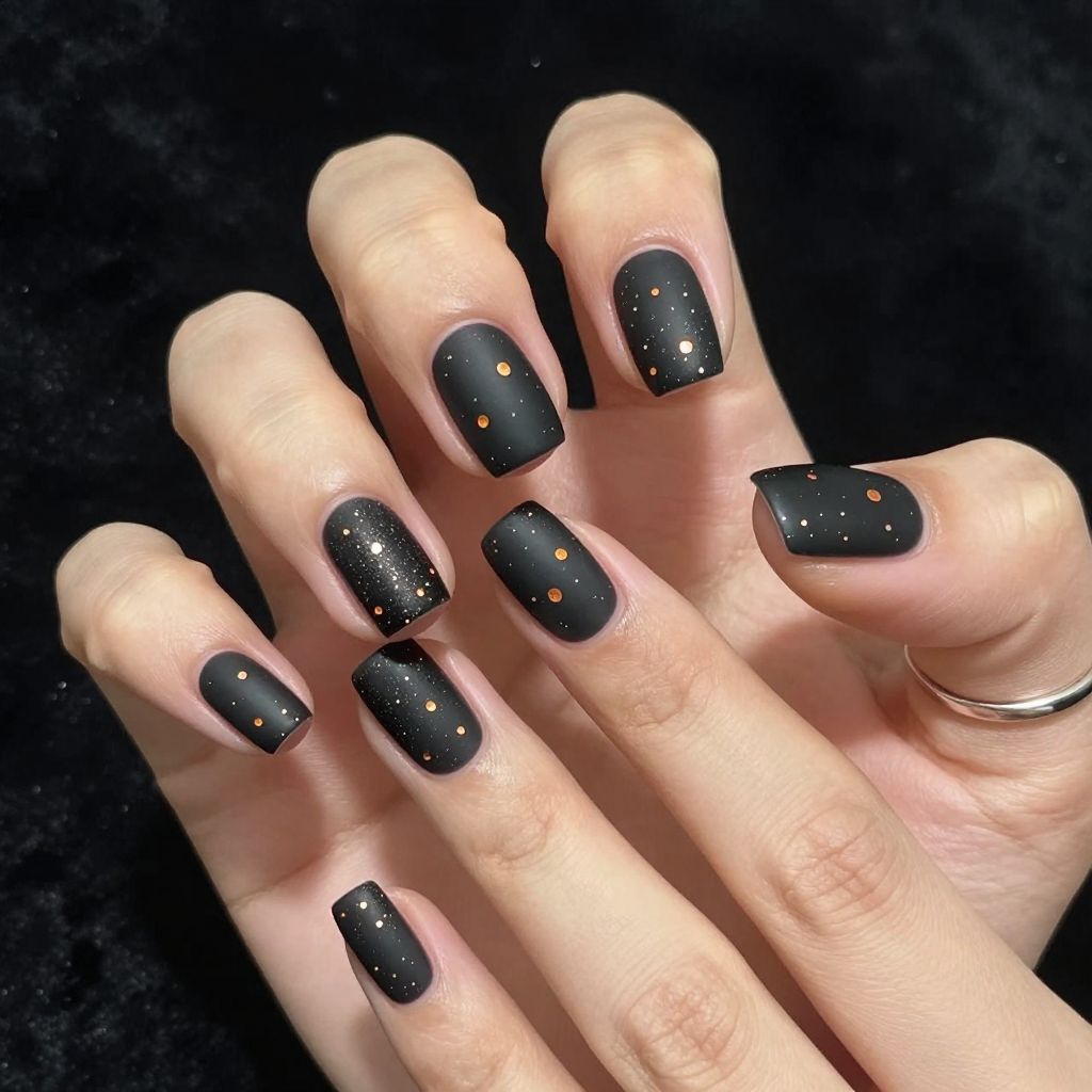 Black nails with tiny orange studs