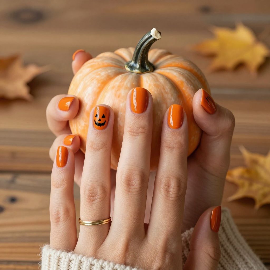Pumpkin inspired orange nail art with faces