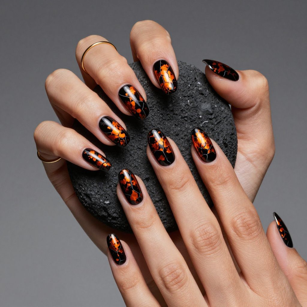 Black nails with orange foil flake design