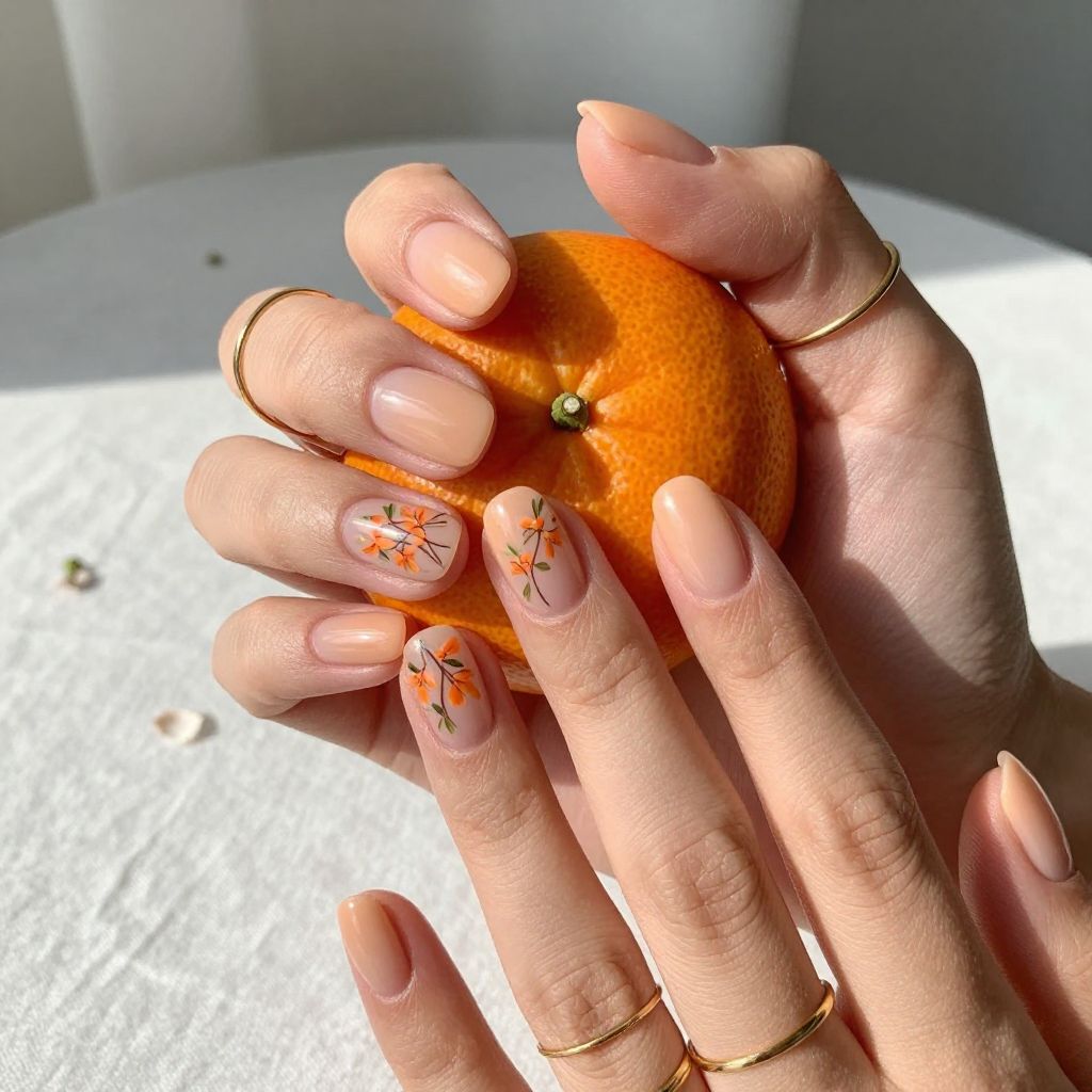 Peach nails with orange floral decals