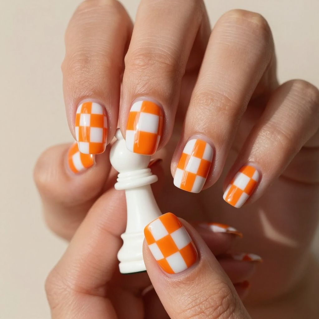 Orange and white checkerboard nails